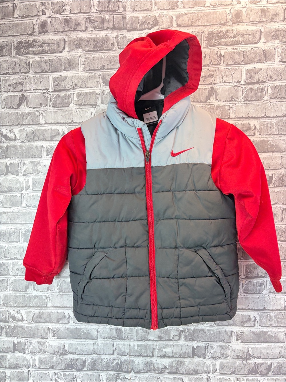 Nike Kids Red and Gray Hooded Puffer Coat